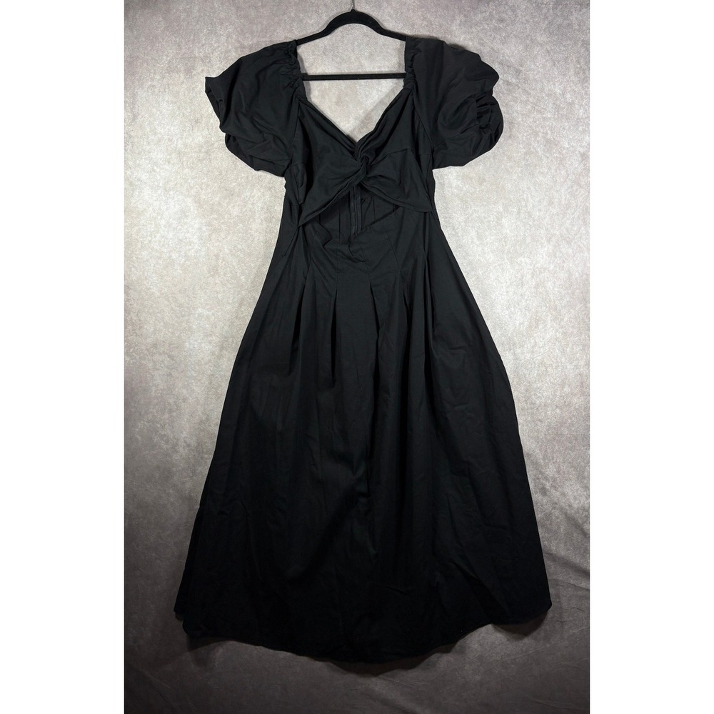 Petal + Pup Dress Womens XL Black Midi A-Line Puff Sleeve Cut Out Linen Blend